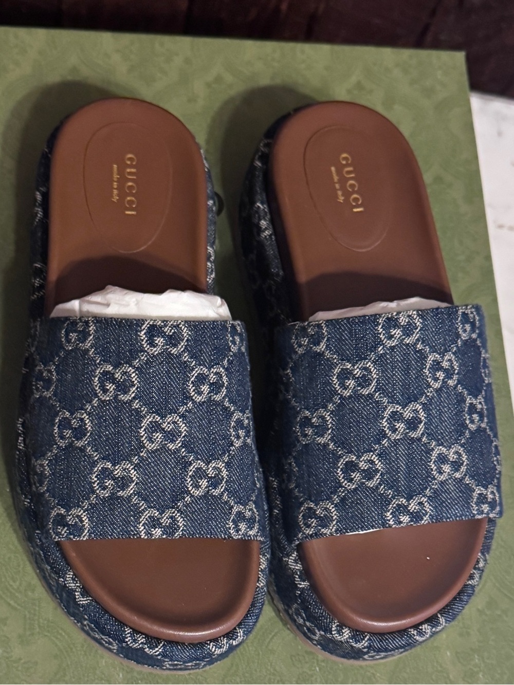 Gucci Denim GG Jacquard Slide Sandals in Blue
